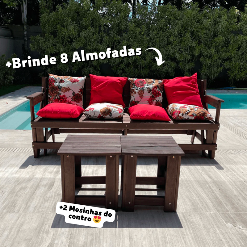 Banco Que Vira Mesa de 8 Lugares (+ 2 Mesinhas de centro) (+ Kit 8 Almofadas)