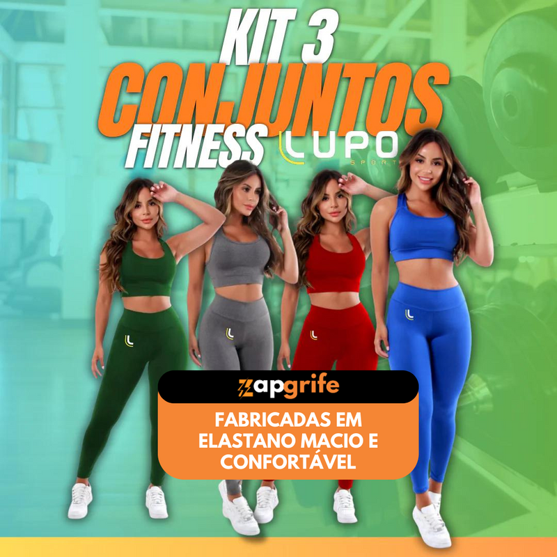 (LIQUIDAÇÃO) Kit 3 Conjuntos de Fitness Calça + Top Suplex Lupo